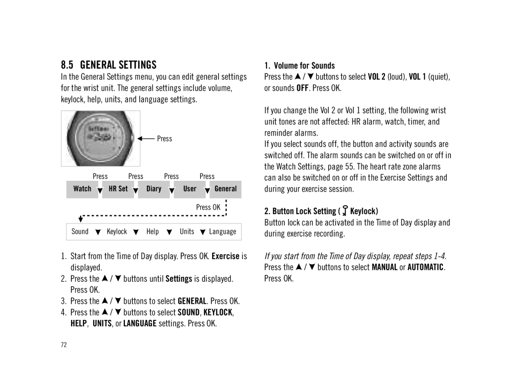 Polar F11 user manual General Settings, Volume for Sounds, Button Lock Setting Keylock 