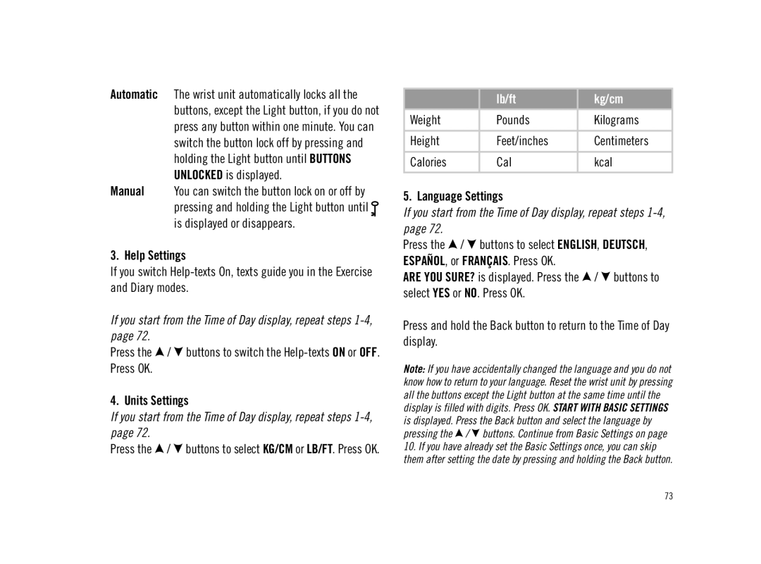 Polar F11 user manual Help Settings, Units Settings, Language Settings 