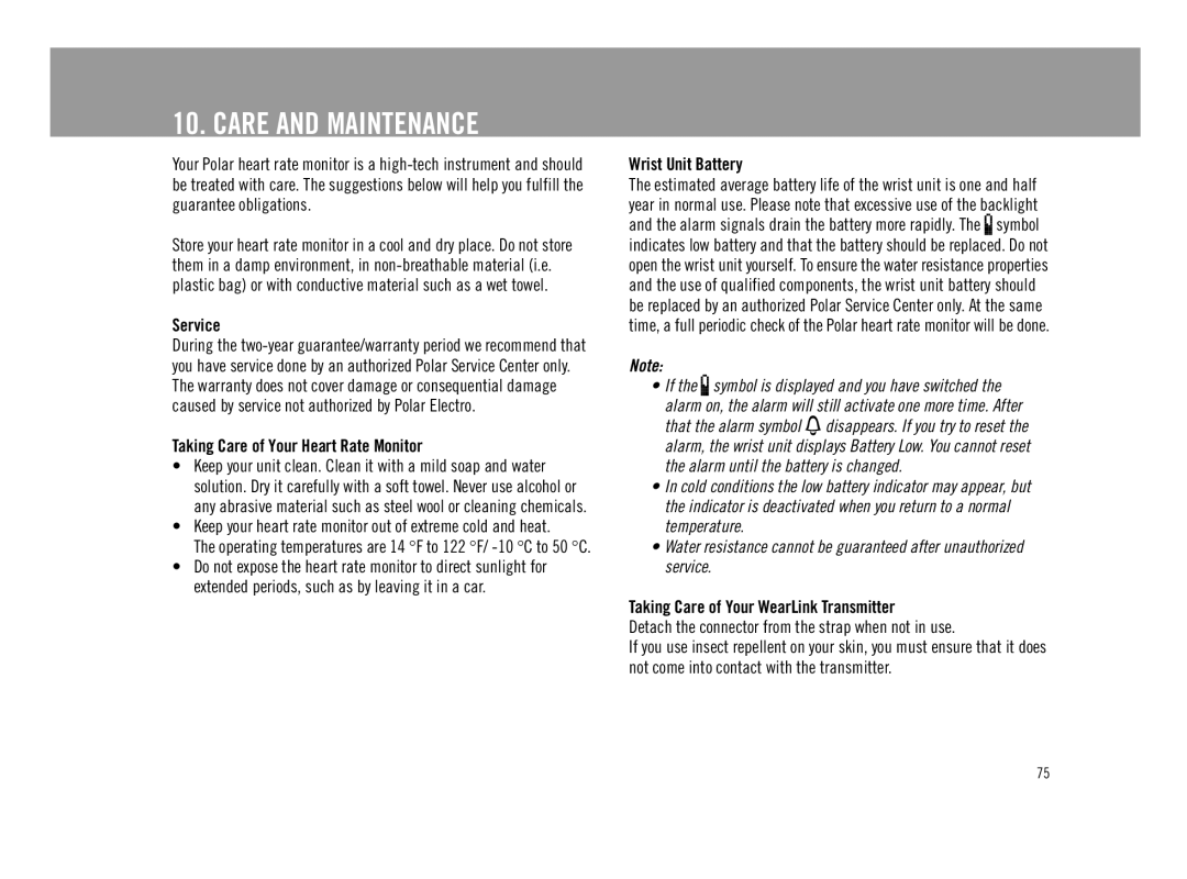 Polar F11 user manual Care and Maintenance, Service 