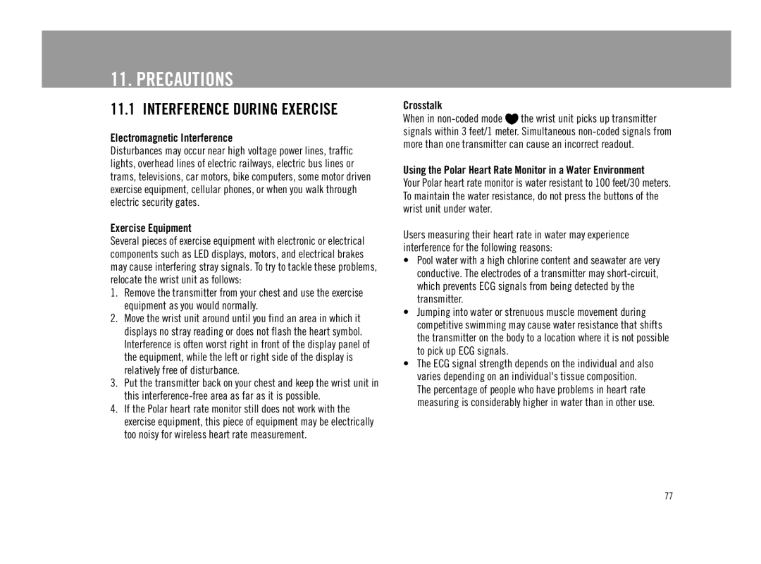 Polar F11 user manual Precautions, Interference During Exercise 