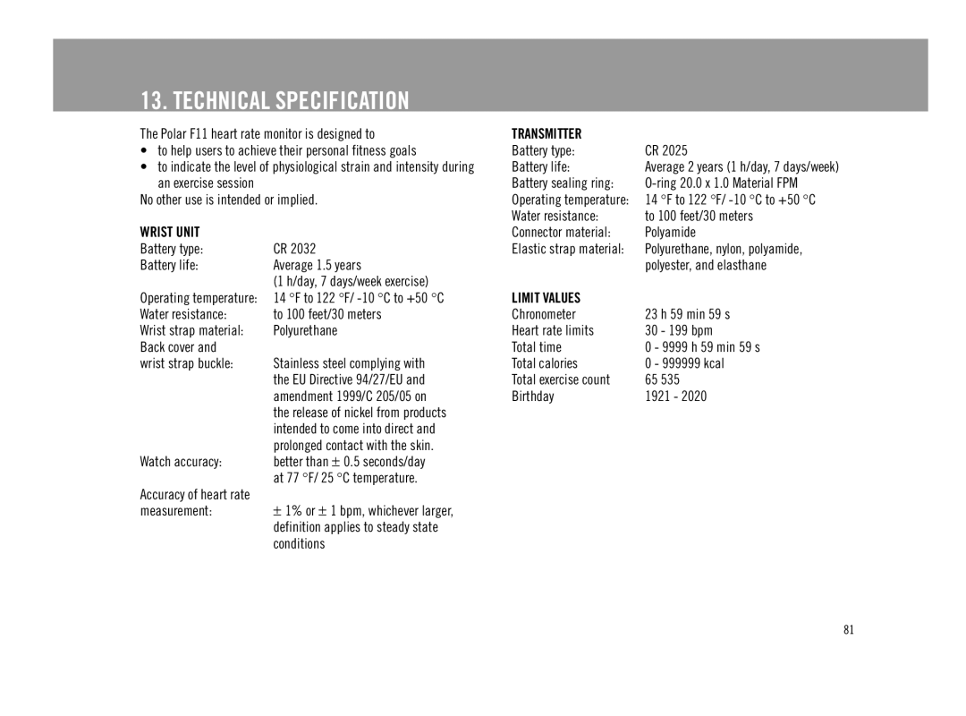 Polar F11 user manual Technical Specification, Transmitter 