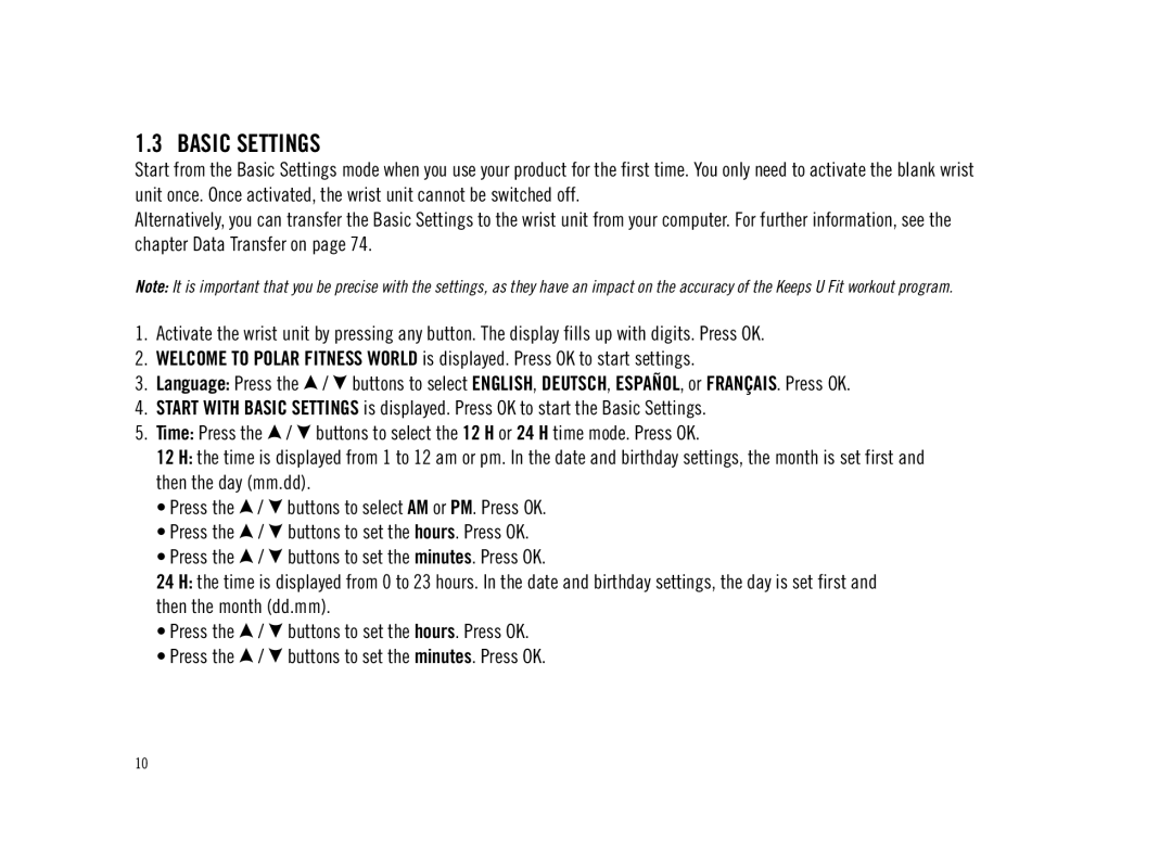 Polar F11 user manual Basic Settings 