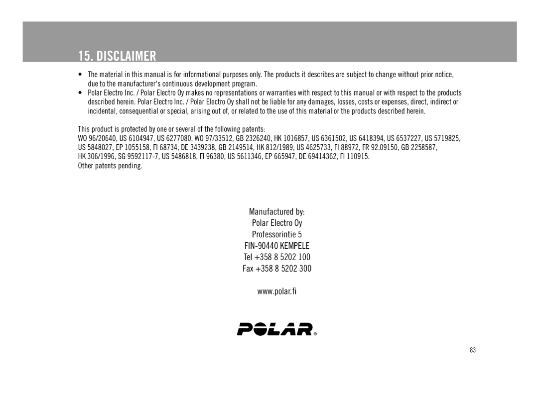 Polar F11 user manual Disclaimer, Manufactured by Polar Electro Oy Professorintie, Tel +358 8 5202 Fax +358 8 5202 