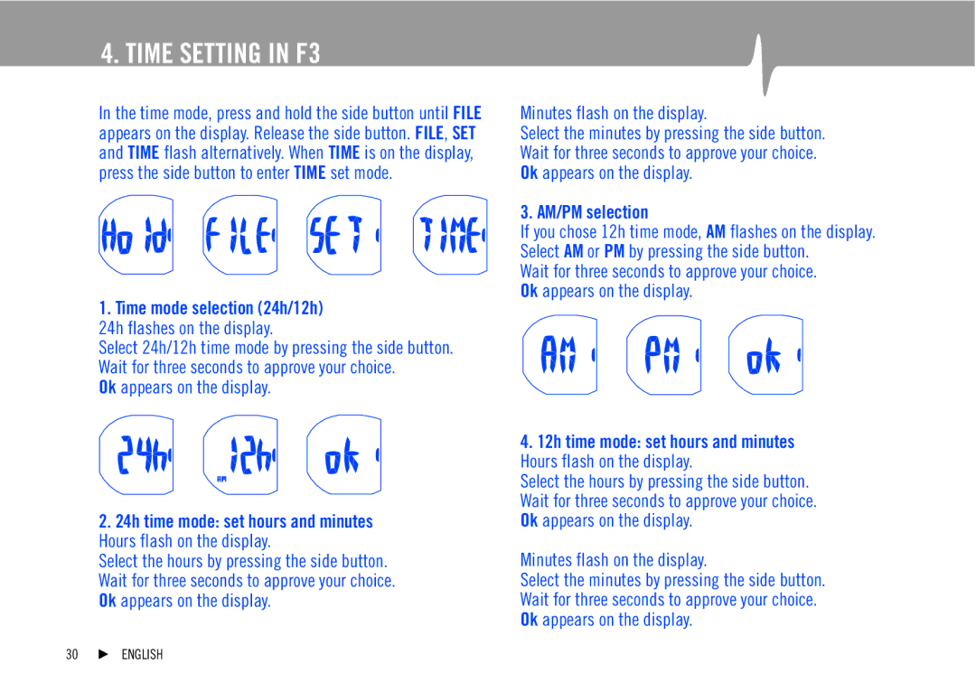 Polar F1, F2 user manual Time Setting in F3, Time mode selection 24h/12h 24h flashes on the display 