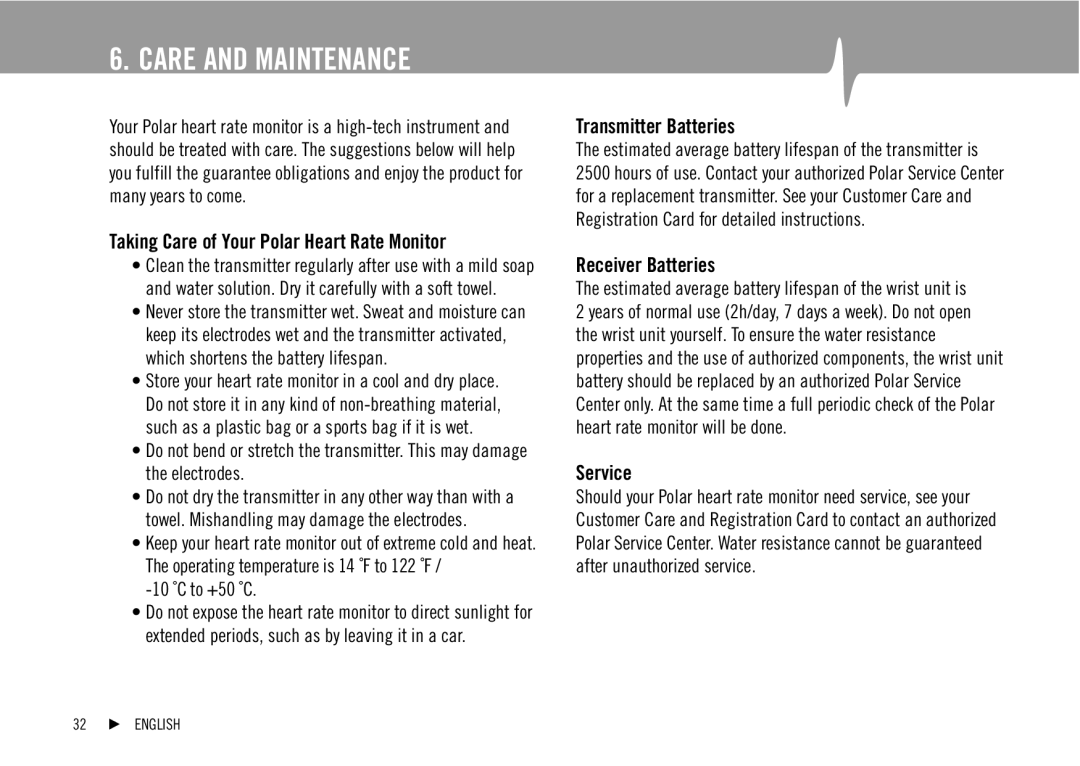 Polar F3, F2, F1 user manual Care and Maintenance, Transmitter Batteries, Receiver Batteries, Service, 10 ˚C to +50 ˚C 