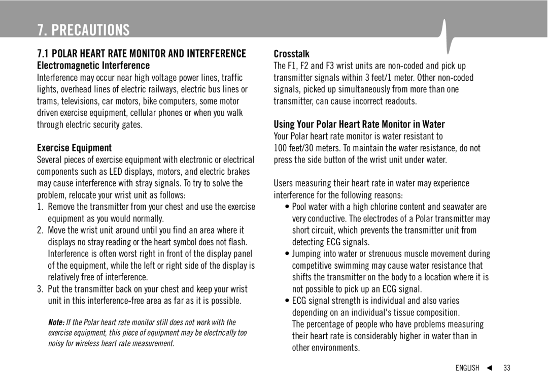 Polar F1, F2, F3 user manual Precautions, Exercise Equipment, Crosstalk, Using Your Polar Heart Rate Monitor in Water 