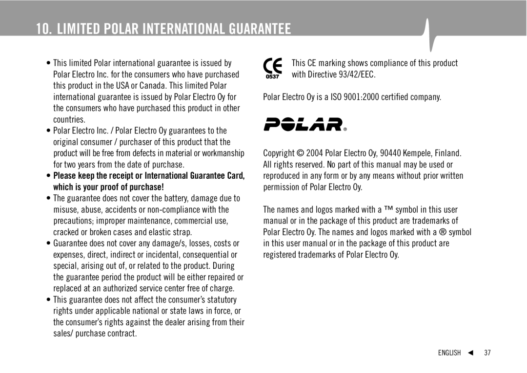 Polar F2, F3, F1 user manual Limited Polar International Guarantee 