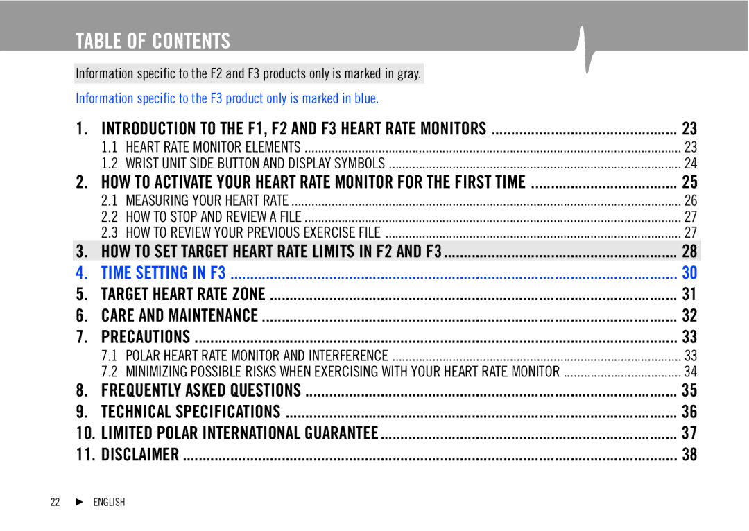 Polar F2, F3, F1 user manual Table of Contents 