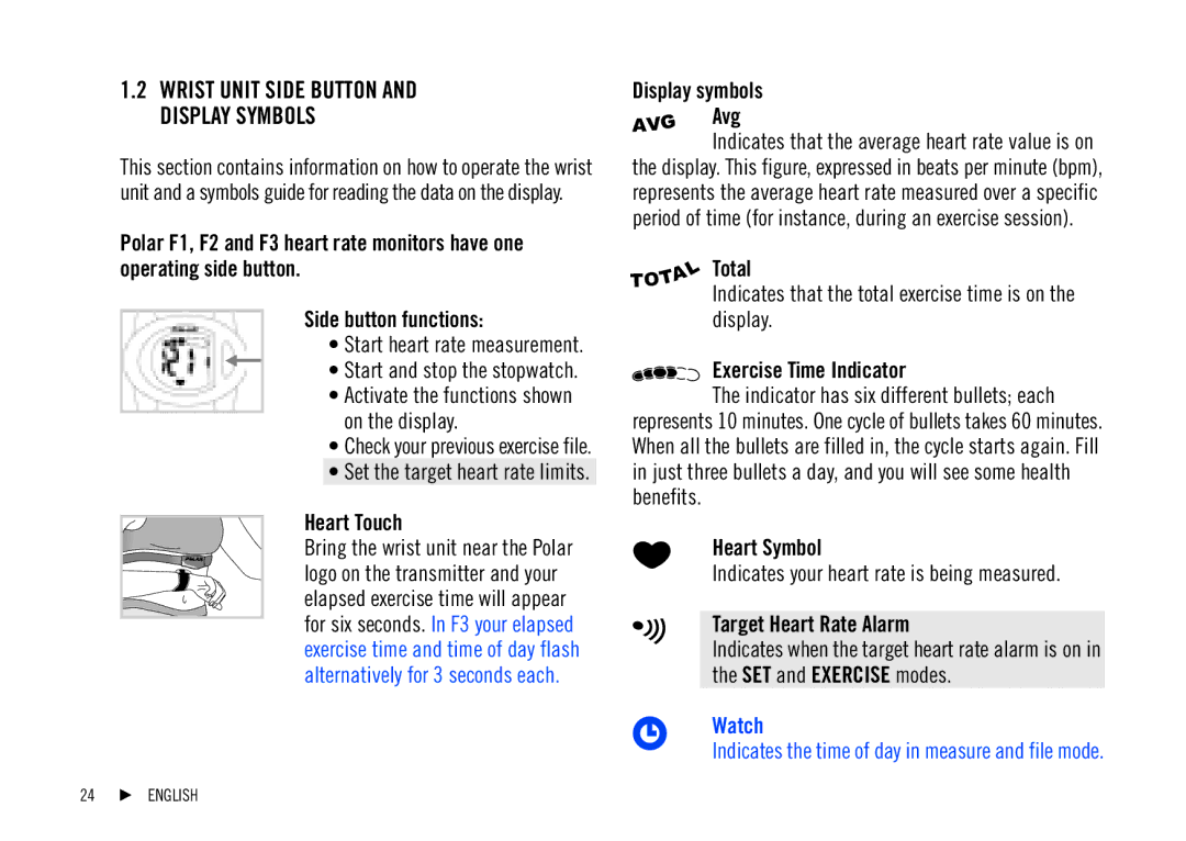 Polar F1, F2, F3 Side button functions, Heart Touch, Display symbols Avg, Total, Exercise Time Indicator, Heart Symbol 