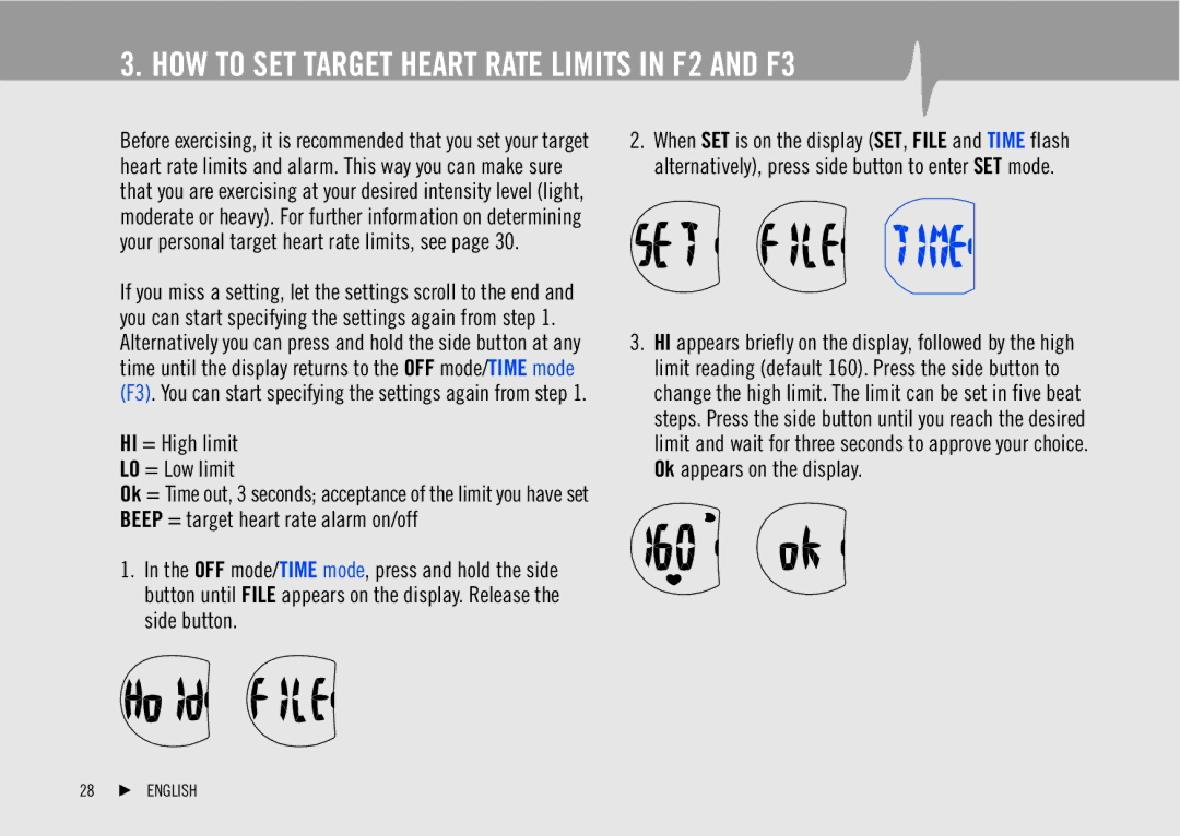 Polar F1 user manual HOW to SET Target Heart Rate Limits in F2 and F3 