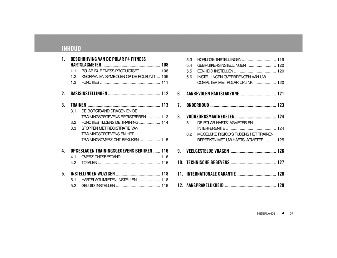 Polar user manual Inhoud, Beschrijving VAN DE Polar F4 Fitness, DE Polar Hartslagmeter EN 