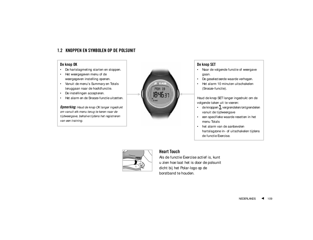 Polar F4 user manual De knop OK, De hartslagmeting starten en stoppen, De knop SET 