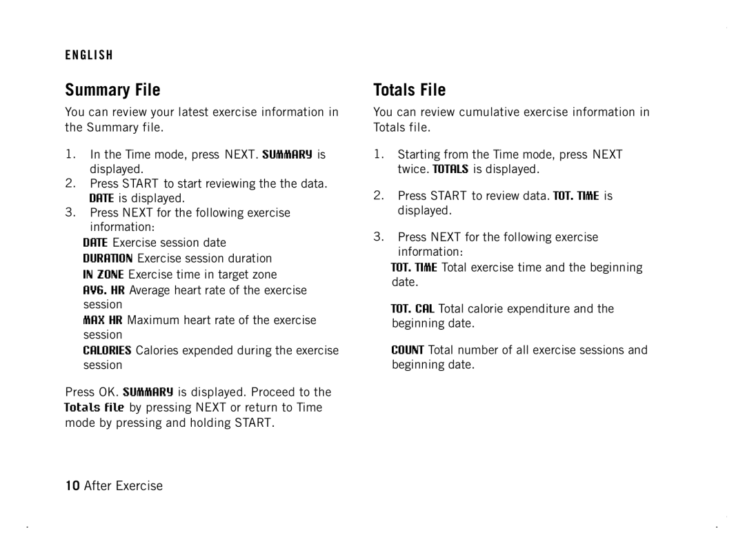 Polar F4 manual Summary File, Totals File 