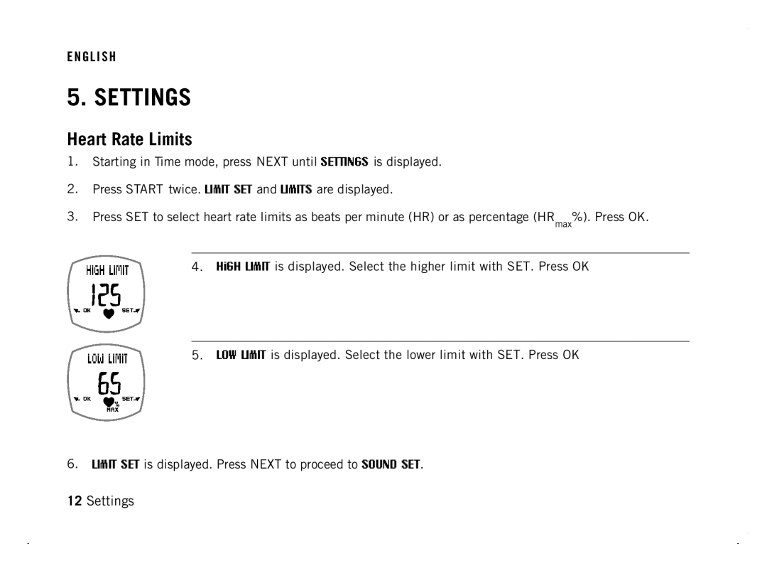 Polar F4 manual Settings, Heart Rate Limits 