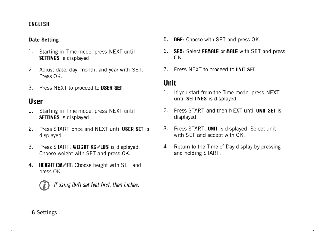 Polar F4 manual User, Unit, Date Setting 