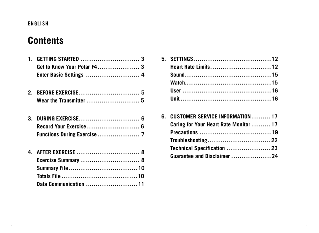 Polar F4 manual Contents 