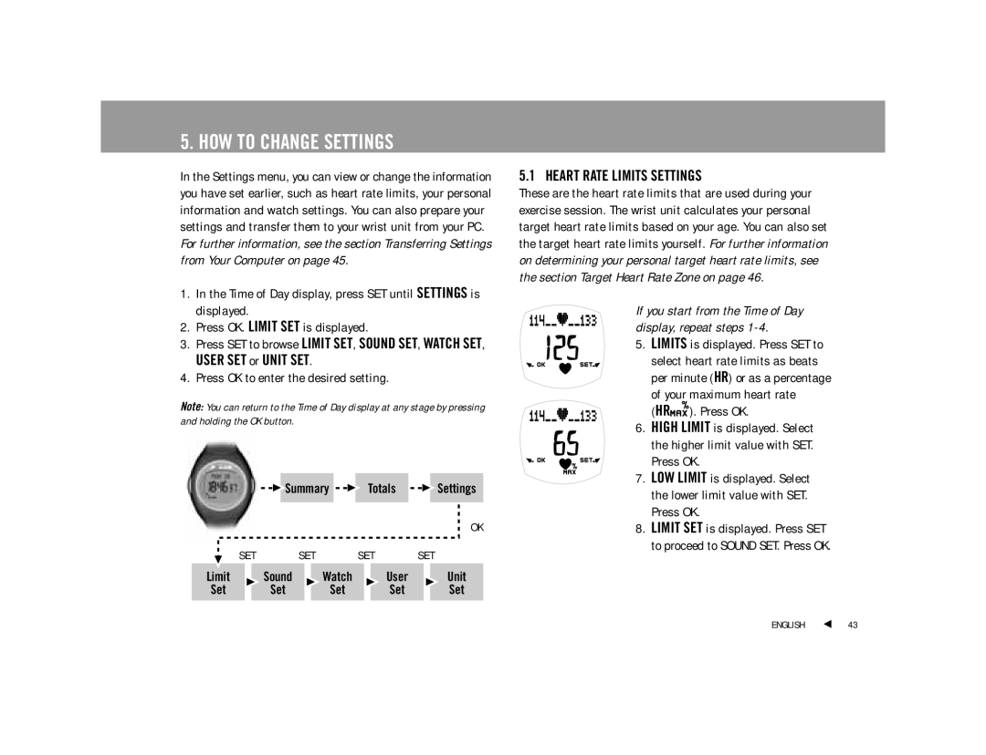 Polar F4TM user manual HOW to Change Settings, Heart Rate Limits Settings, Summary Totals Settings 