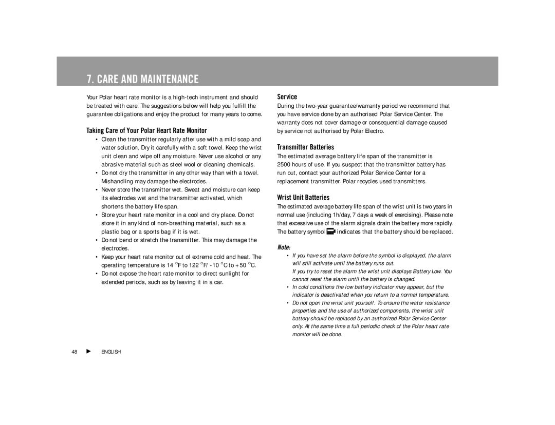 Polar F4TM user manual Care and Maintenance, Taking Care of Your Polar Heart Rate Monitor, Service, Transmitter Batteries 