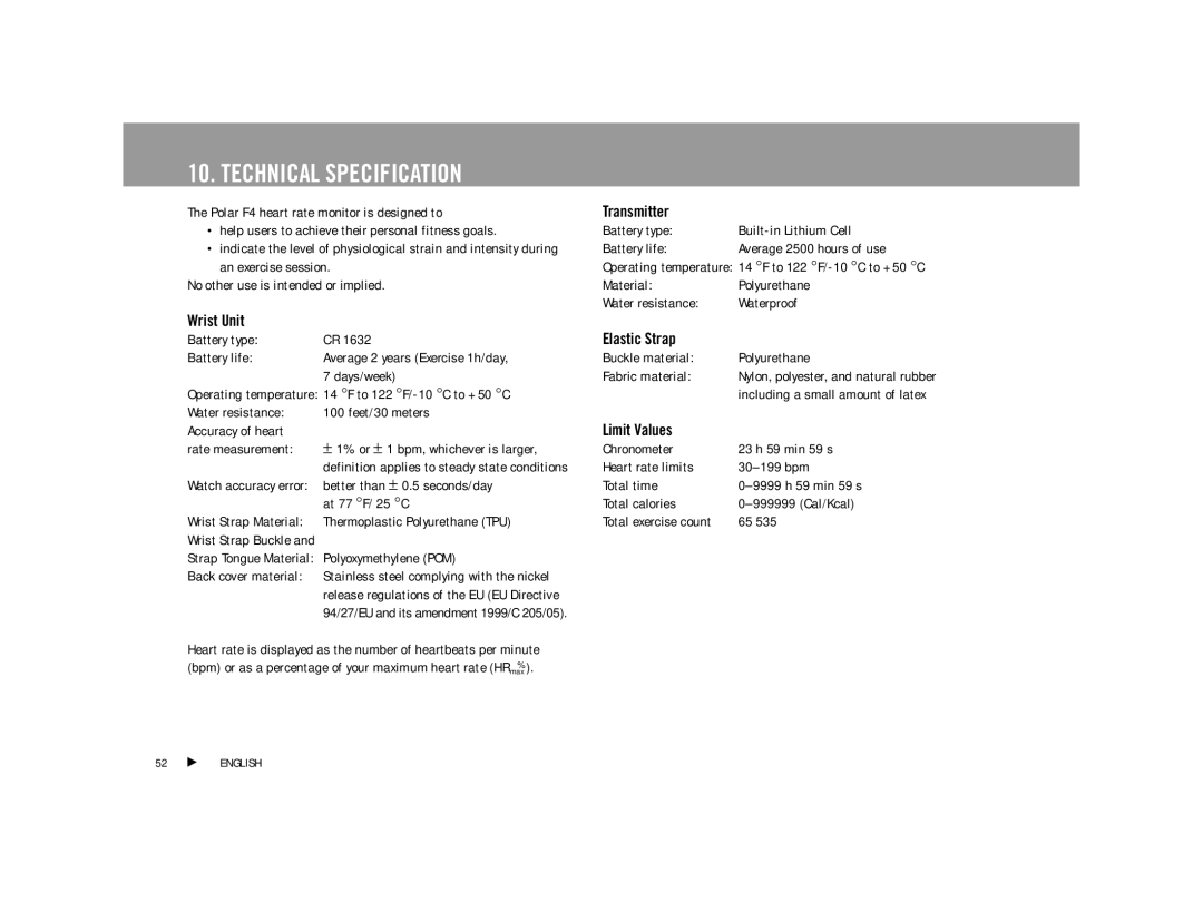 Polar F4TM user manual Technical Specification, Wrist Unit, Transmitter, Elastic Strap, Limit Values 