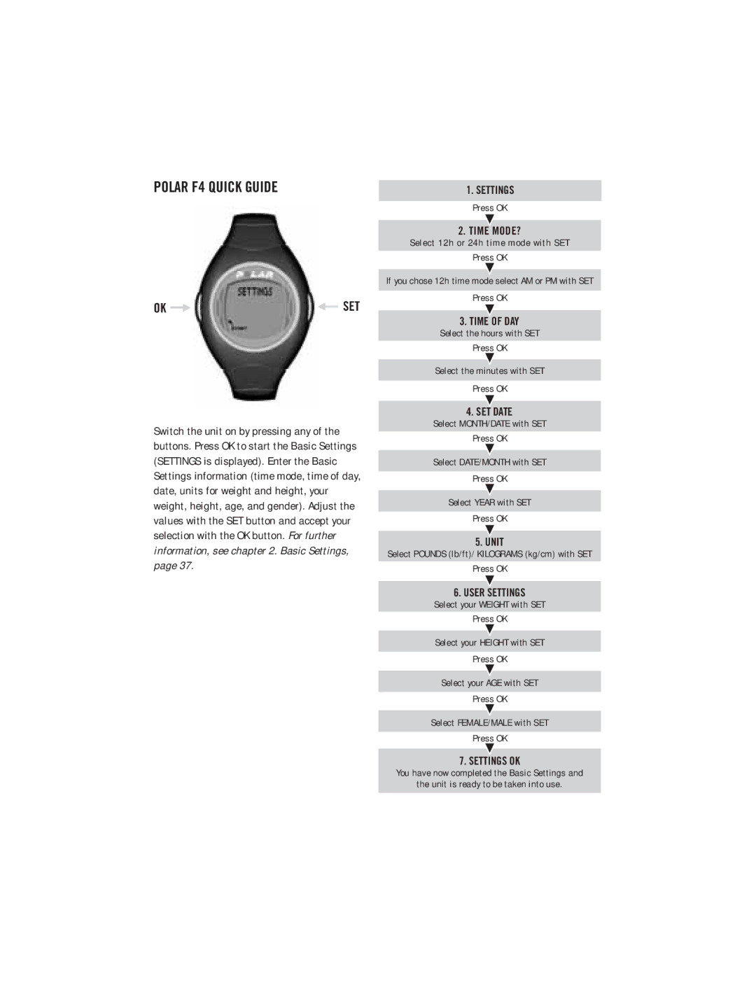 Polar F4TM user manual Polar F4 Quick Guide, Settings 