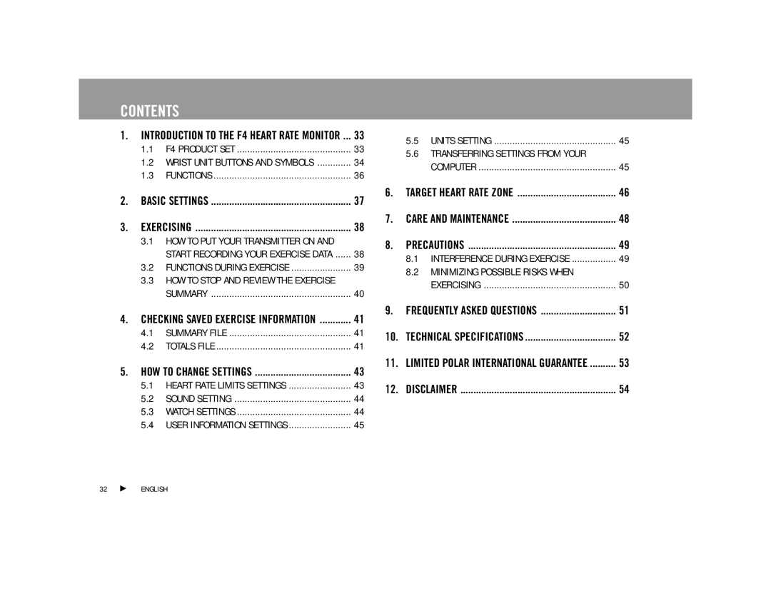 Polar F4TM user manual Contents 