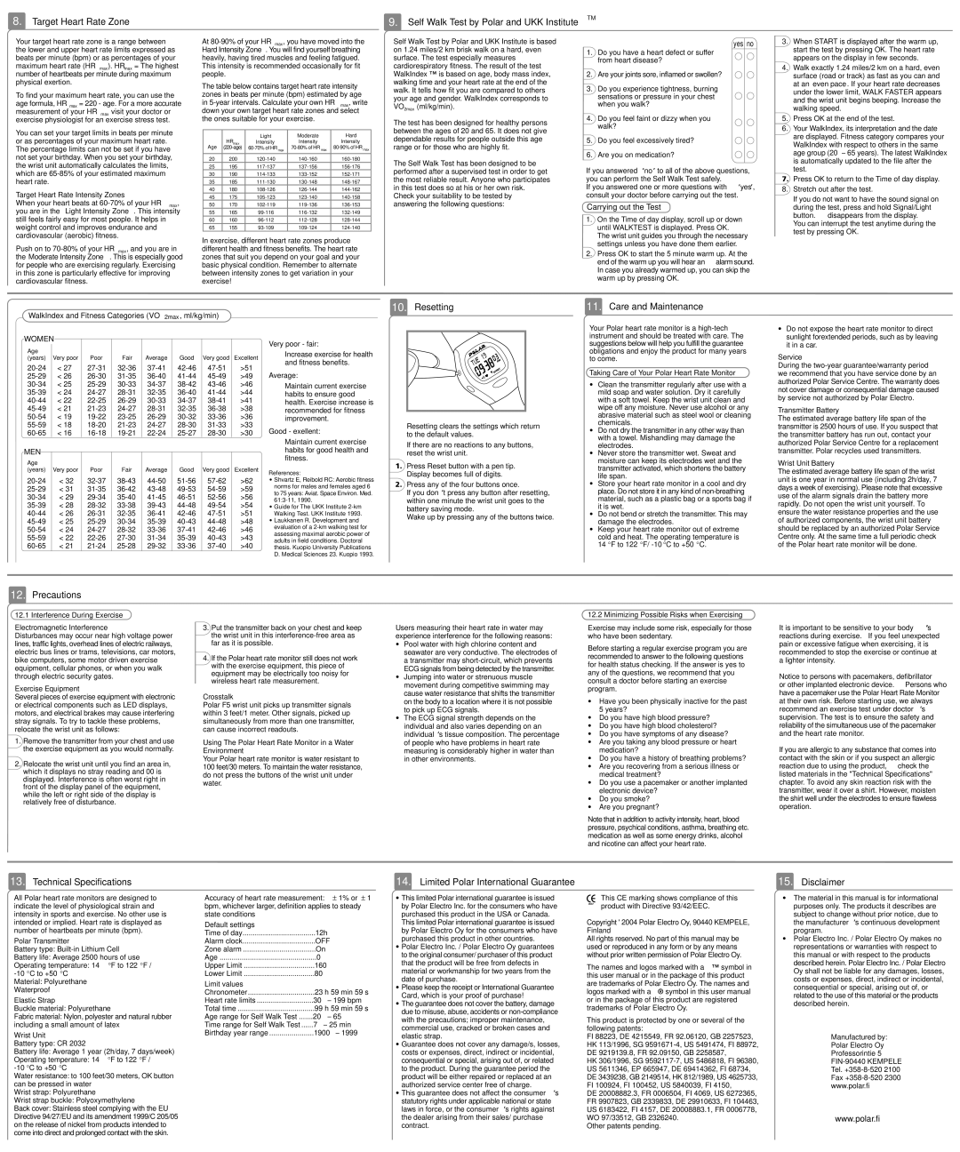 Polar F5 user manual Resetting Care and Maintenance, Precautions, WalkIndex and Fitness Categories VO2max, ml/kg/min 