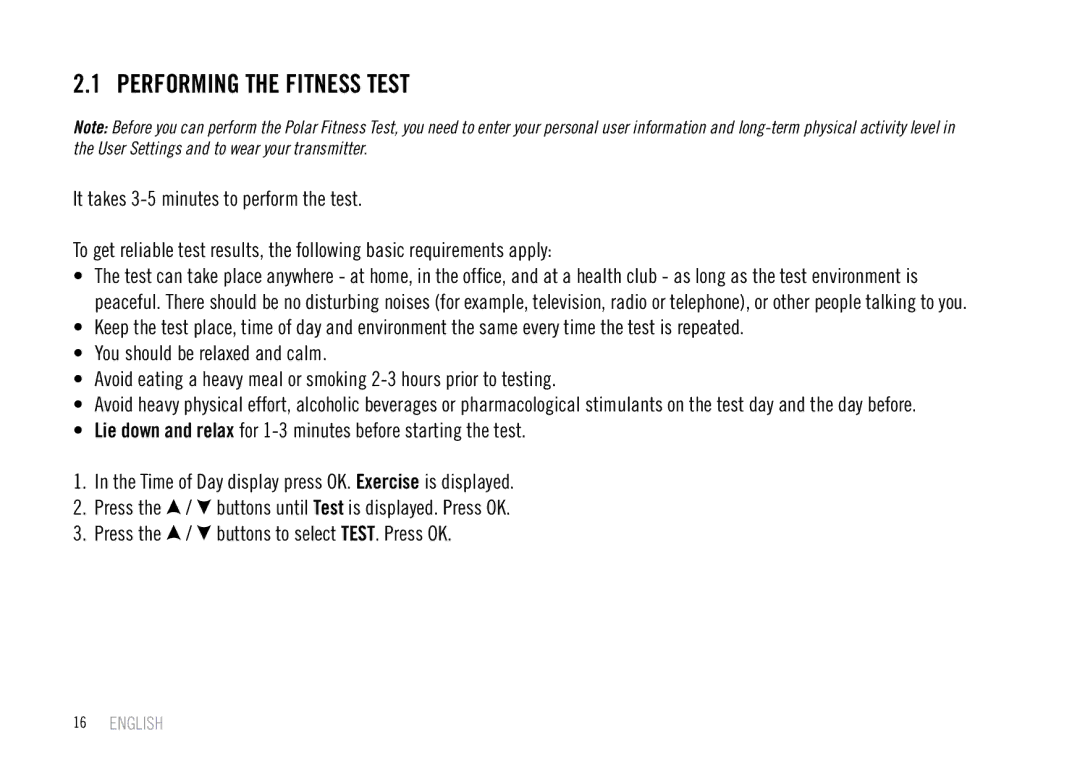 Polar F55 user manual Performing the Fitness Test 