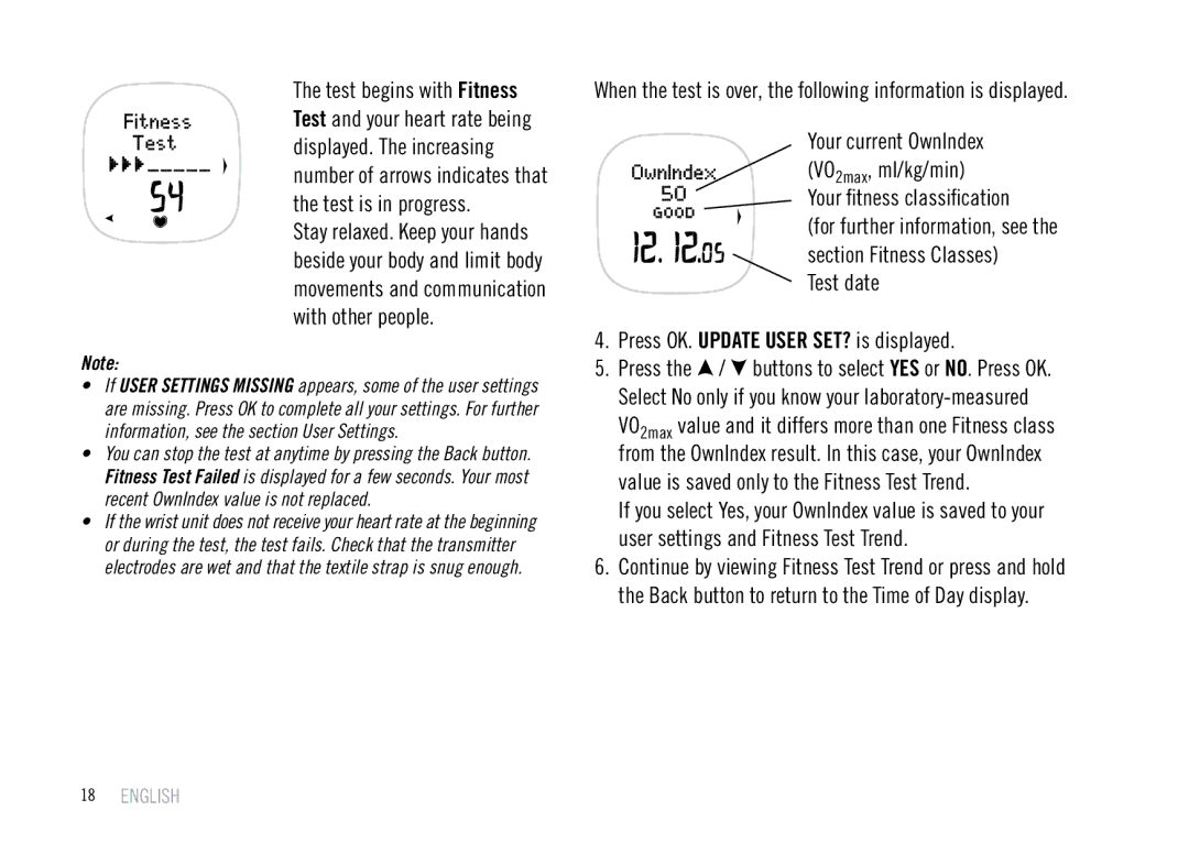 Polar F55 user manual Test date Press OK. Update User SET? is displayed 