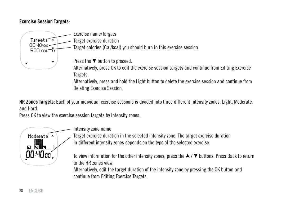 Polar F55 user manual Exercise Session Targets 