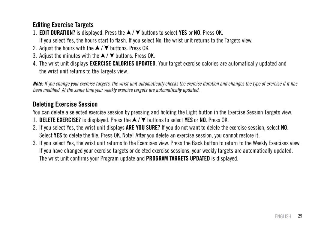 Polar F55 user manual Editing Exercise Targets, Deleting Exercise Session 