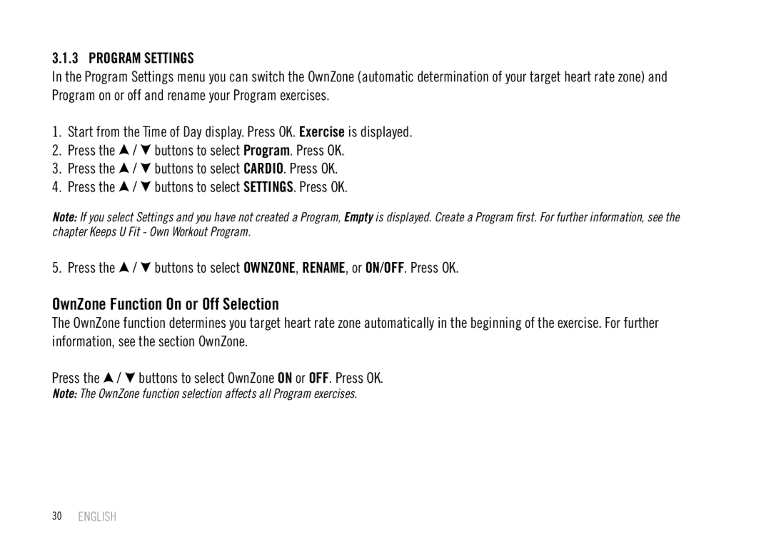 Polar F55 user manual OwnZone Function On or Off Selection, Program Settings 