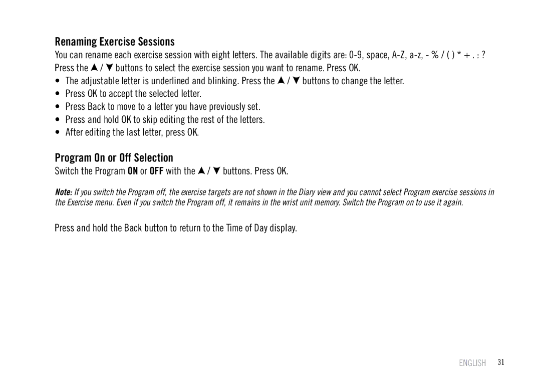 Polar F55 user manual Renaming Exercise Sessions, Program On or Off Selection 