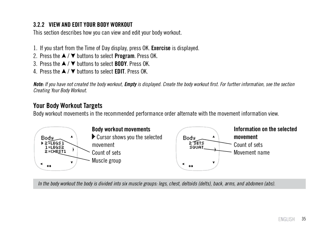 Polar F55 user manual Your Body Workout Targets, Body workout movements, Cursor shows you the selected, Movement 