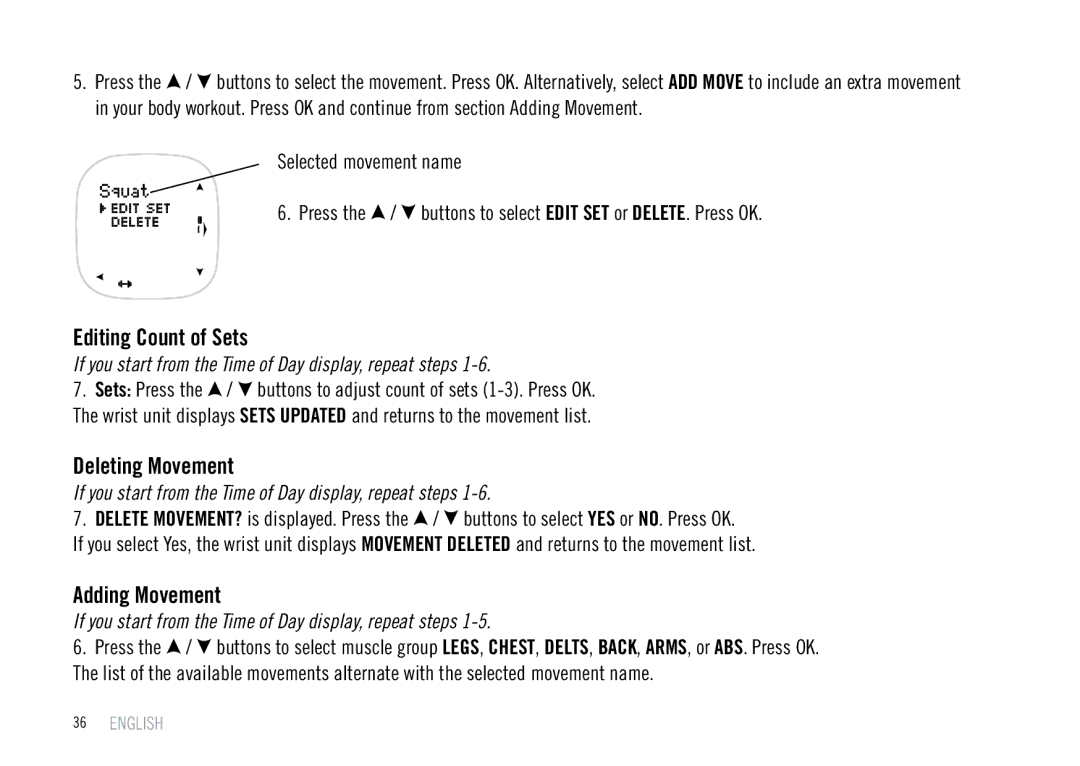 Polar F55 user manual Editing Count of Sets, Deleting Movement, Adding Movement 