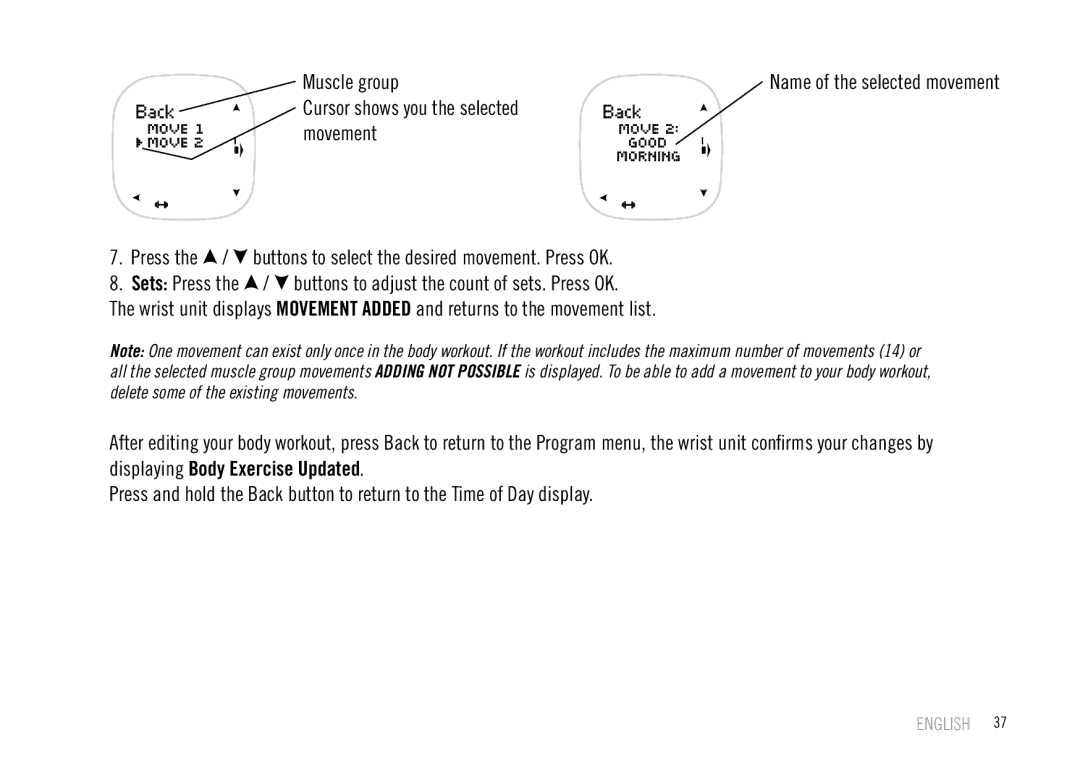 Polar F55 user manual Name of the selected movement 