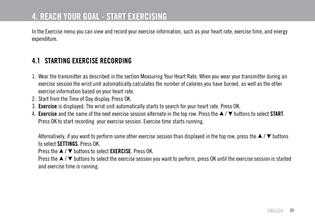 Polar F55 user manual Reach Your Goal Start Exercising, Starting Exercise Recording 