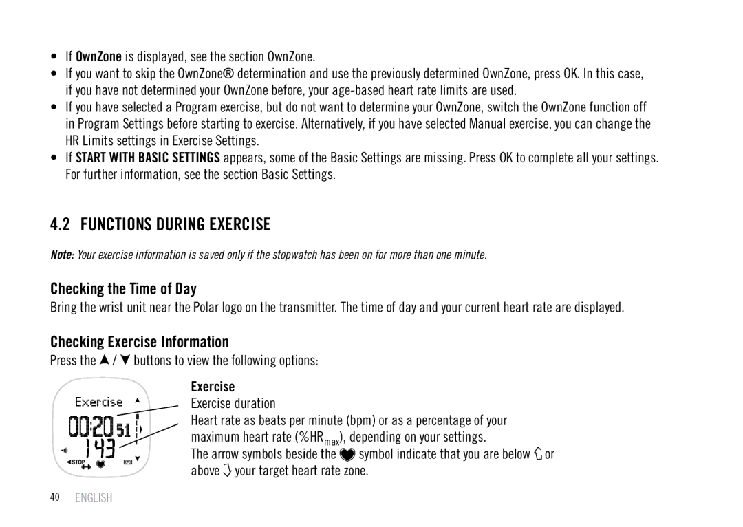 Polar F55 user manual Functions During Exercise, Checking the Time of Day, Checking Exercise Information 