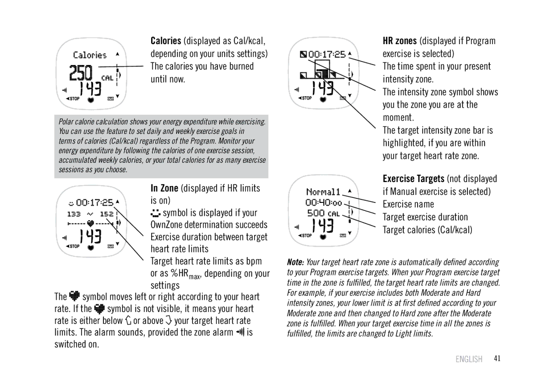 Polar F55 user manual Is on, Heart rate limits, Settings, Rate. If, Time spent in your present intensity zone 