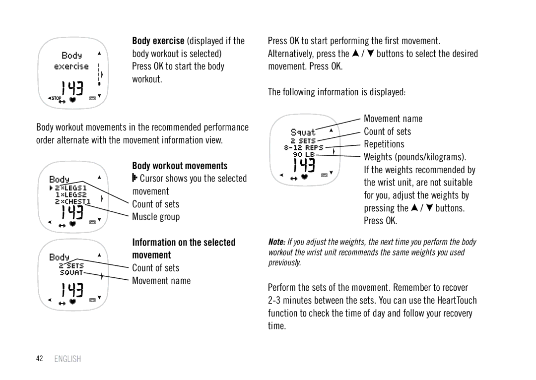 Polar F55 Cursor shows you the selected movement, Information on the selected movement, Count of sets Movement name 