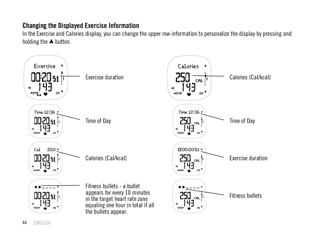 Polar F55 user manual Changing the Displayed Exercise Information 