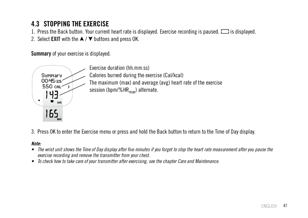 Polar F55 user manual Stopping the Exercise 