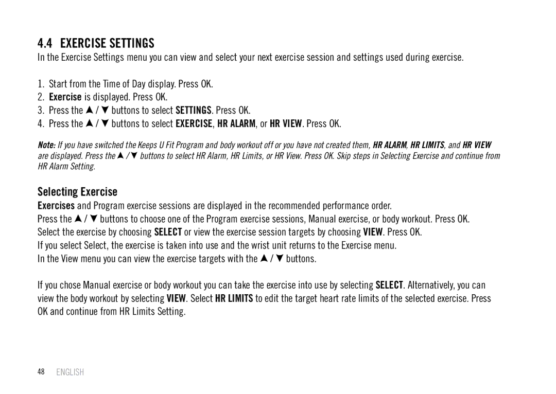 Polar F55 user manual Exercise Settings, Selecting Exercise 