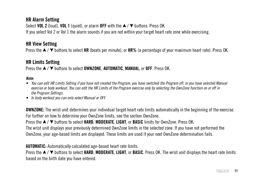 Polar F55 user manual HR Alarm Setting, HR View Setting, HR Limits Setting 