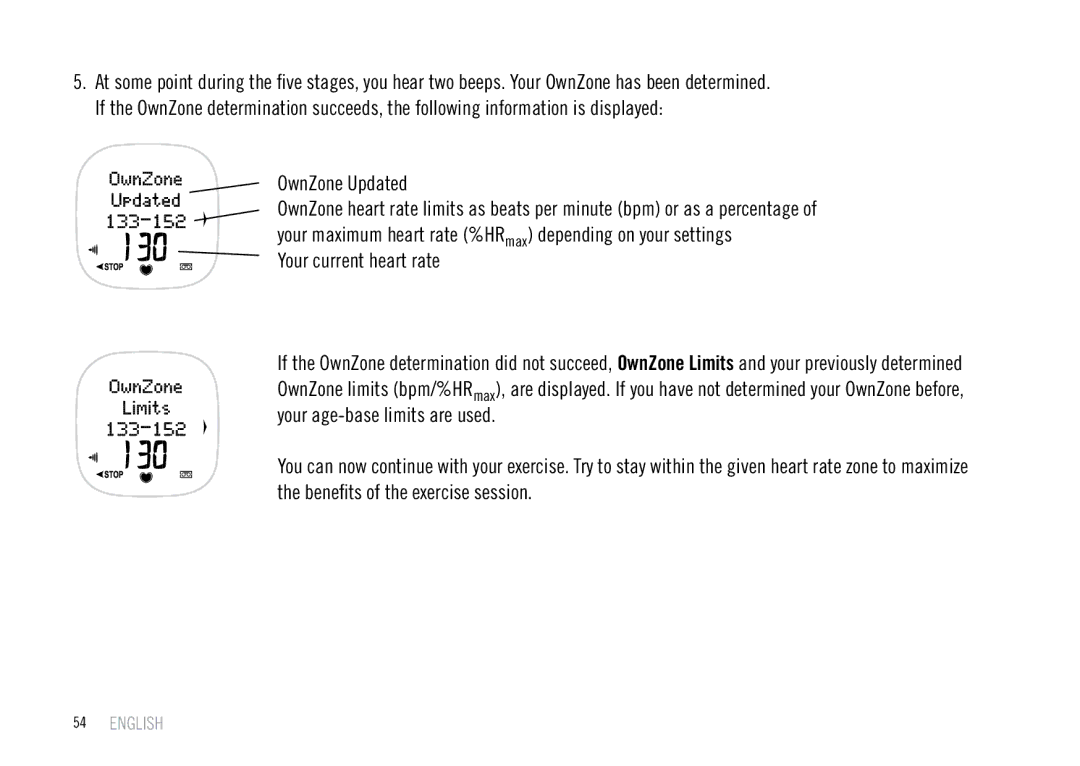 Polar F55 user manual OwnZone Updated, Your current heart rate 