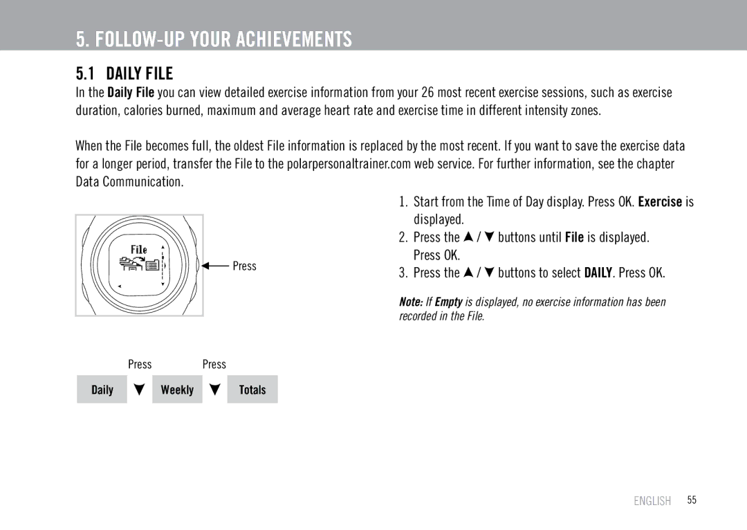 Polar F55 user manual Daily File, Buttons until File is displayed 