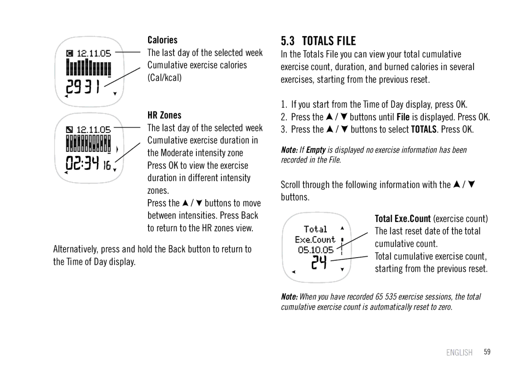 Polar F55 user manual Totals File, HR Zones 