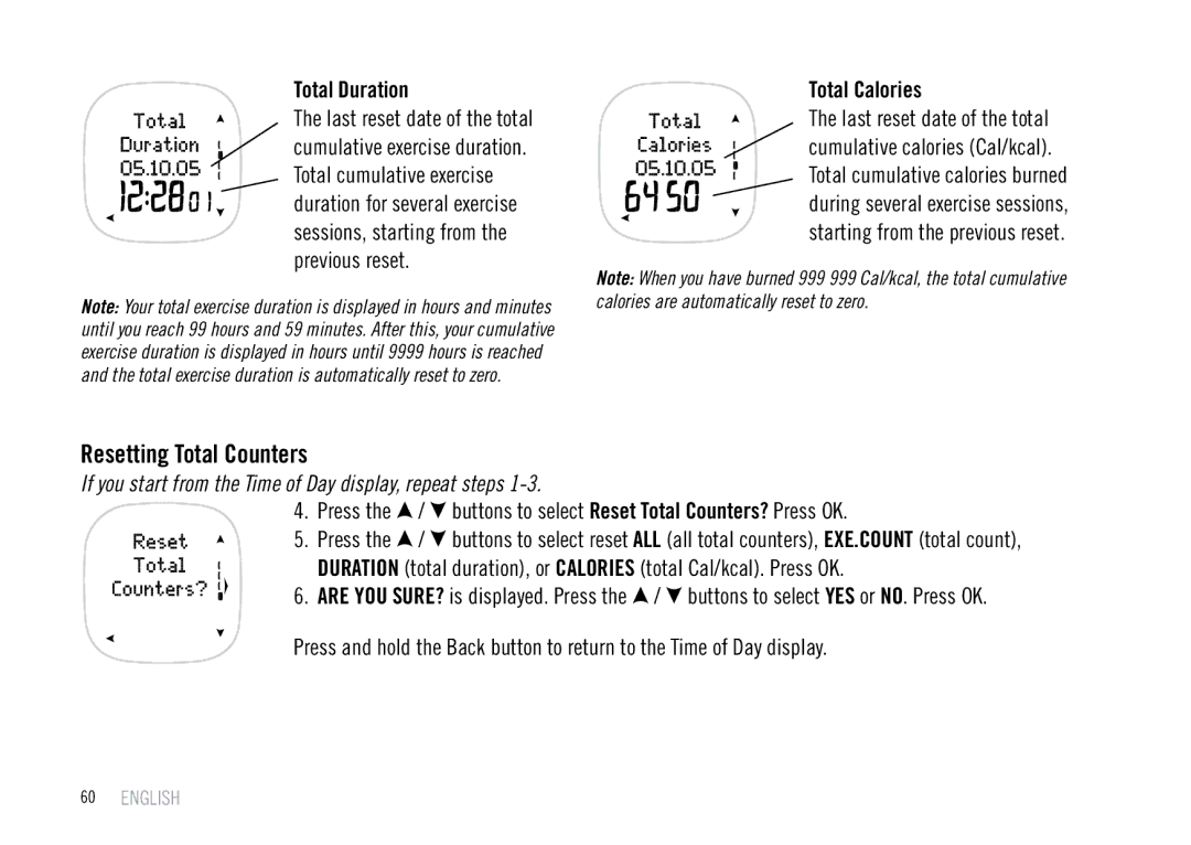 Polar F55 Resetting Total Counters, Total Duration, Total Calories, Buttons to select Reset Total Counters? Press OK 