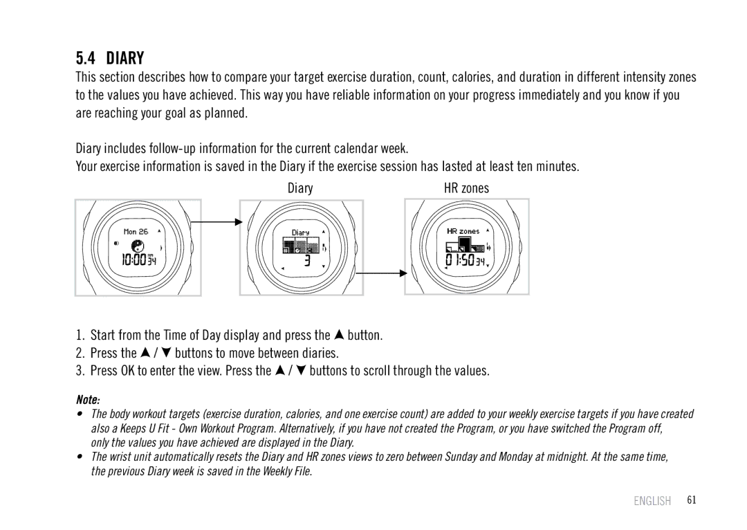 Polar F55 user manual Diary 