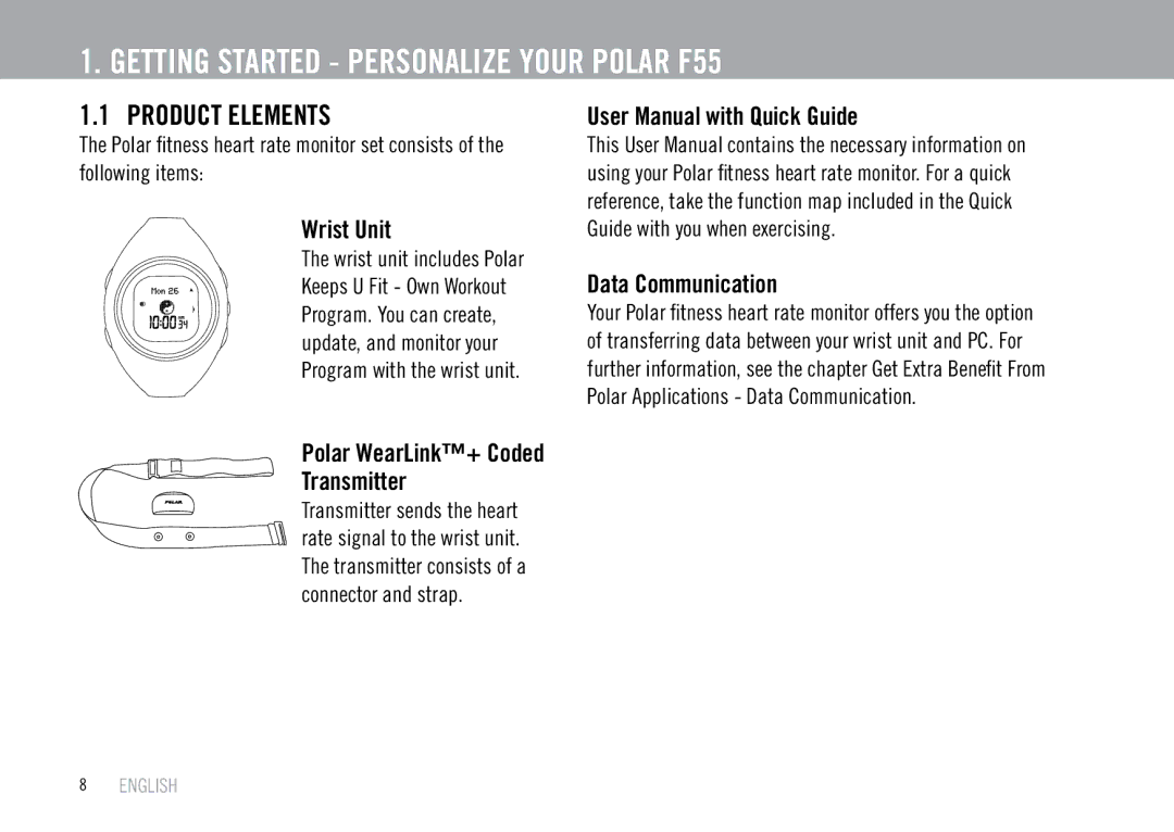 Polar F55 user manual Product Elements, Wrist Unit, Polar WearLink+ Coded Transmitter, Data Communication 