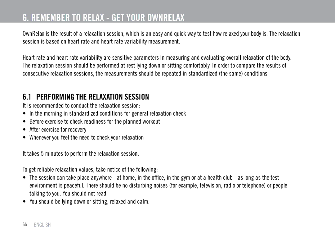 Polar F55 user manual Remember to Relax GET Your Ownrelax, Performing the Relaxation Session 